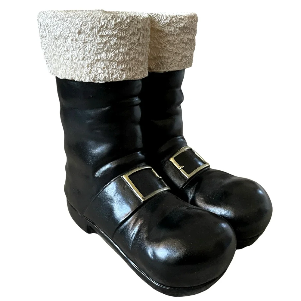 Santa Boots MERRY CHRISTMAS Container Planter Holiday Black Gold White Holiday